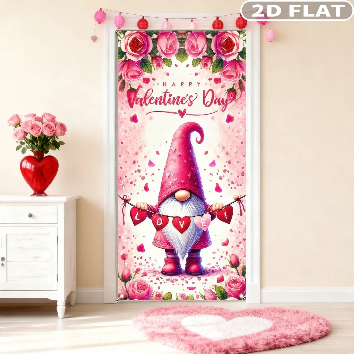 1pc Happy Valentine's Day Party Door Cover with Ribbon, Polyester Gnome Valentines Banner, 71x35inch Hanging Front Door Sign