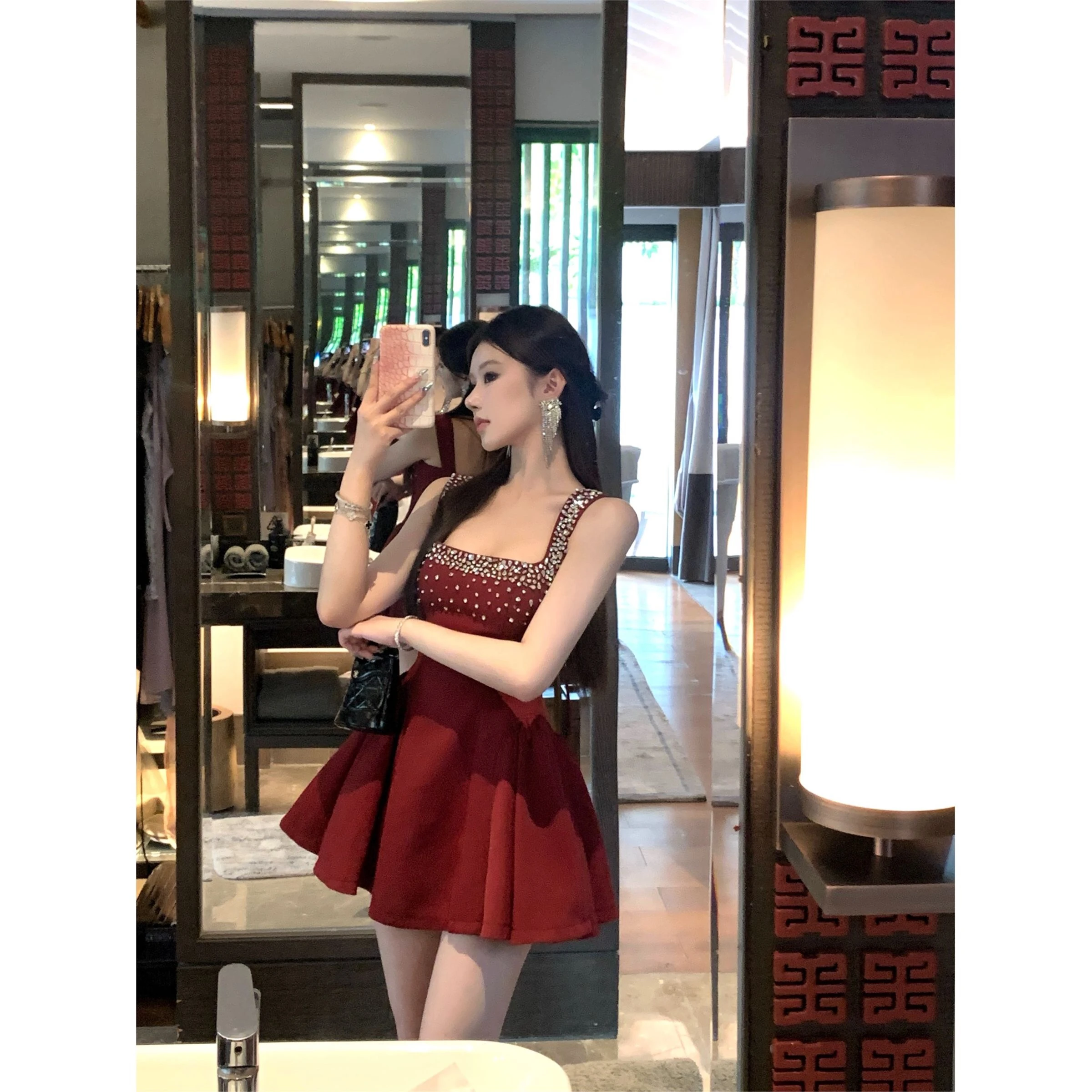 تنورة منتفخة بقصة ضيقة مع ياقة مربعة Dr Little Bla Dr Summer Faion عالية الخصر ort Dr Ele Sle #2