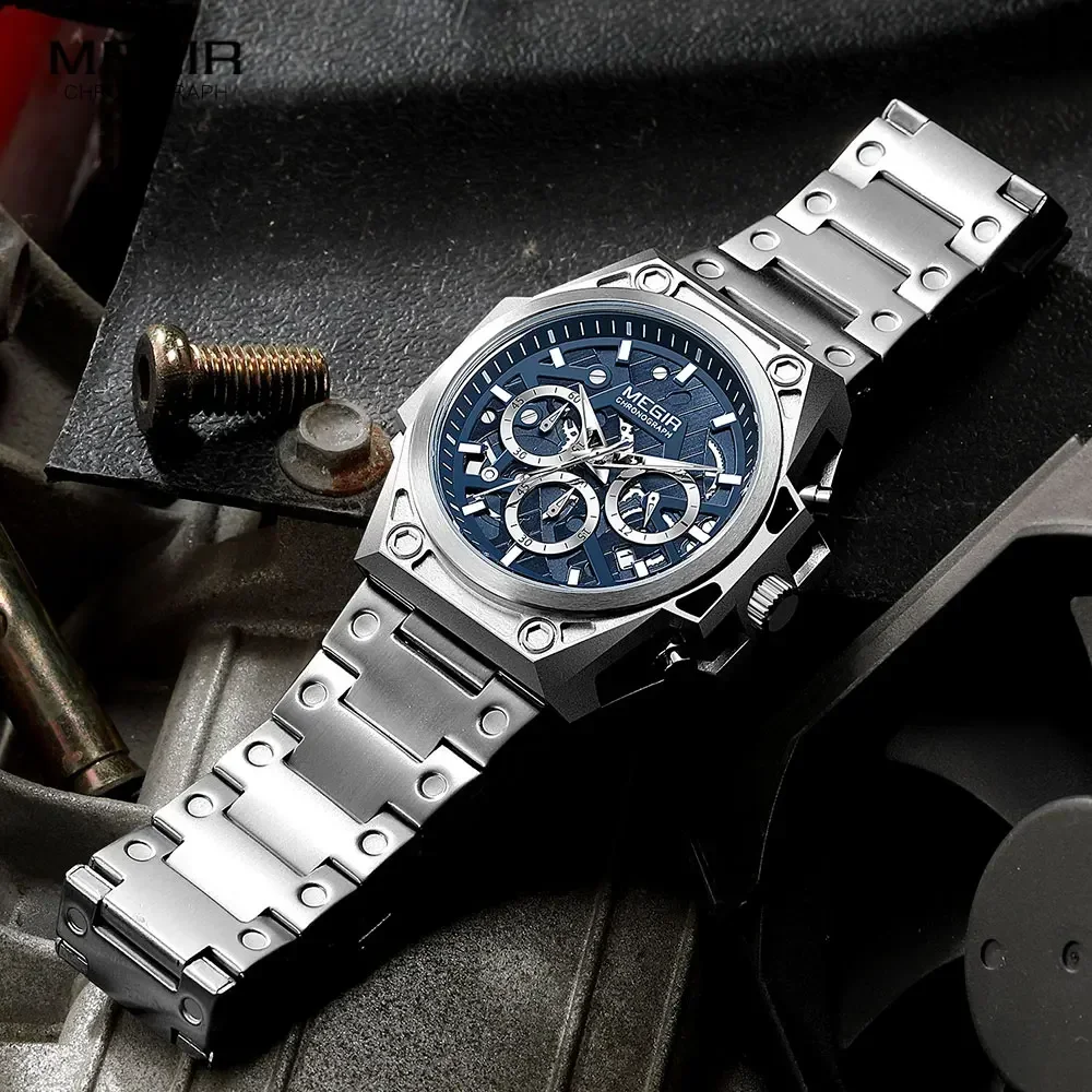 MEGIR สีฟ้านาฬิกาผู้ชายสแตนเลสนาฬิกาข้อมือชายนาฬิกากันน้ํา Chronograph ควอตซ์นาฬิกา Relogio Masculino часы