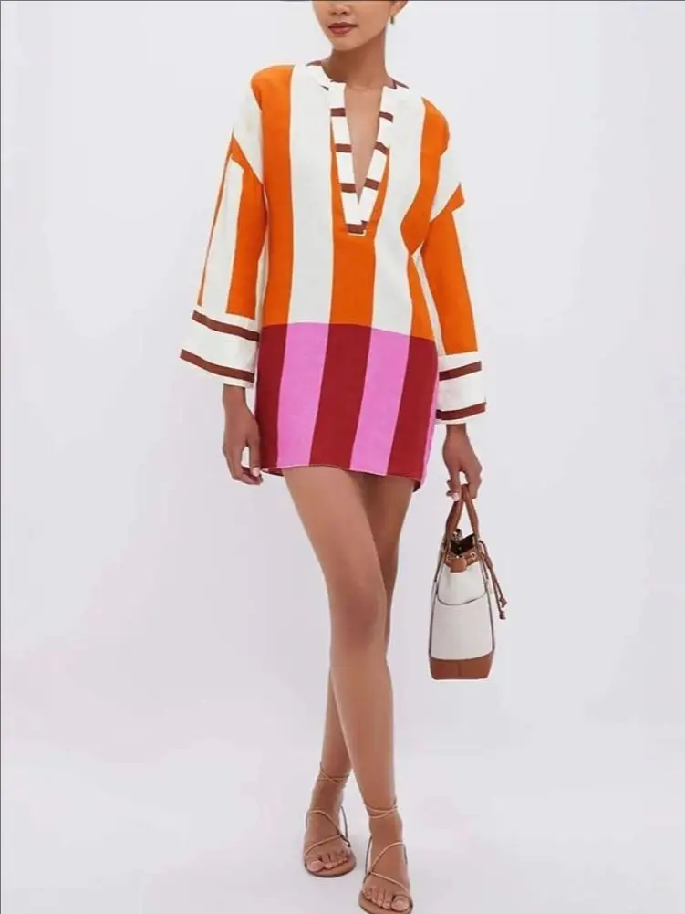 Autumn Winter Women Linen Material Mini Dresses Print Sexy V-neck Hollow Out Long Sleeves Robeson Beach Party Female Dresses - Image 6
