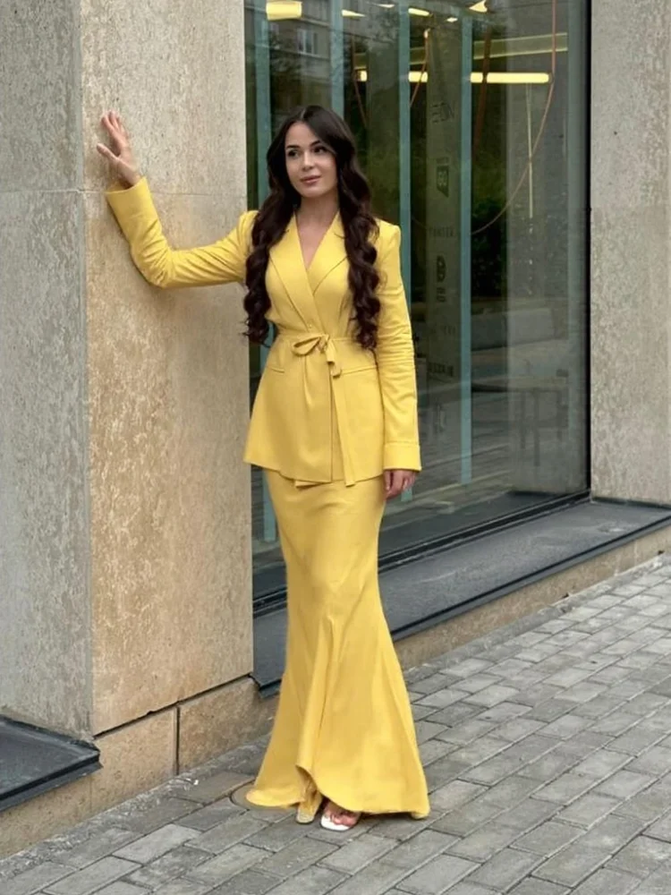 

Тонкие женские классические костюмы на одной пуговице со шнуровкой на талии, куртки на бедрах, длинные юбки, офисный комплект из двух предметов