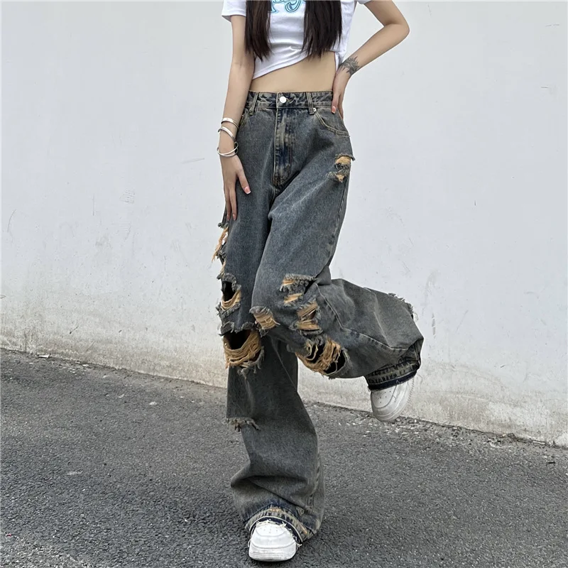 Ripped jeans for women personality street trend old washed high waist jeans retro hip hop couple casual pants Harajuku y2k pants