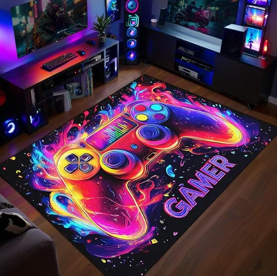 

Neon Game Controller Rug Flannel Non Slip Doormat Home Decor Soft Absorbent Floor Carpet Gift For Gamer Room Bedroom Living Room