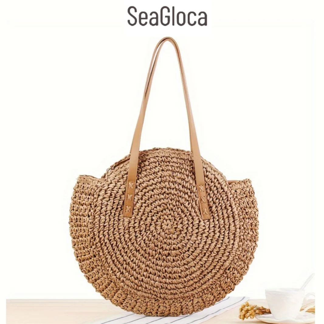 Seagloca Round Large Straw Handbags Women Handwoven Straw Bags Natural Chic Summer Beach Tote Bag Woven Handle Shoulder Bag