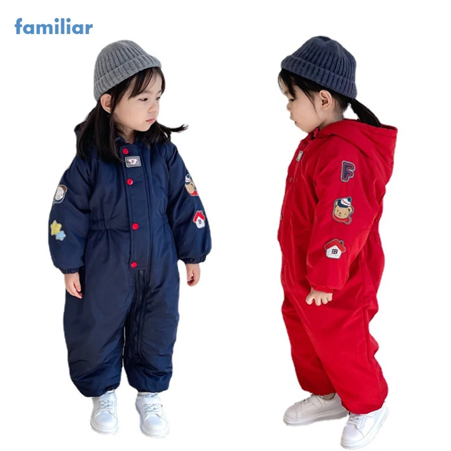 Familiar Children's Clothing Long Sleeved Boys Girls Connected Cartoon Winter Ski Suit Thick Cotton Coat