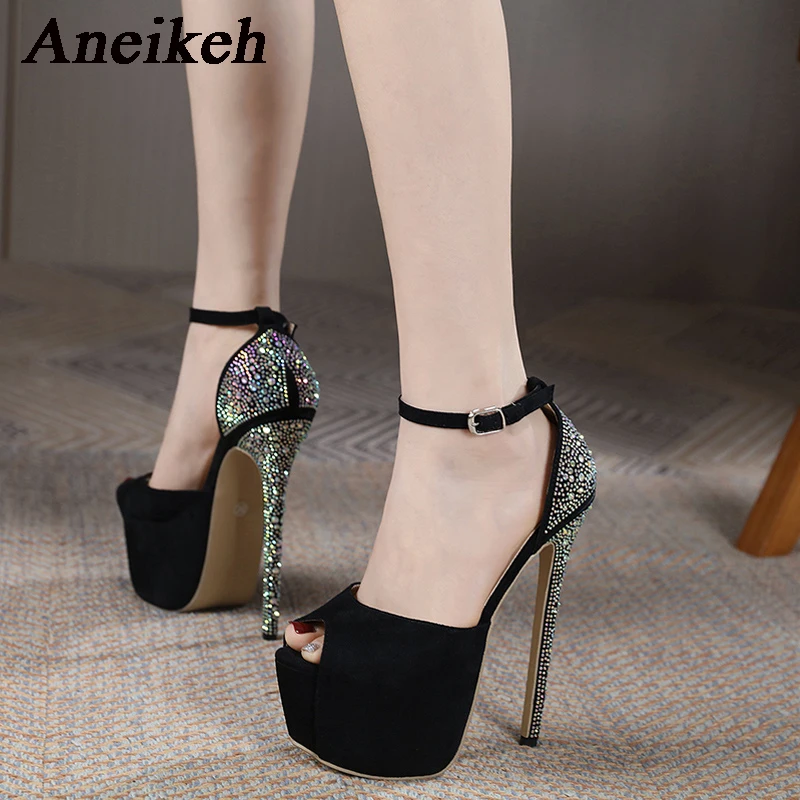 Aneikeh Roman Style Diamond Fashion Platform Pumps Comfortable 16cm High Heel Sandals Buckle Strap Ladies Party Stripper Shoes