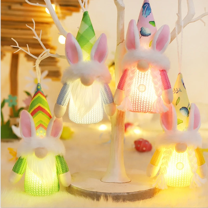 Easter Rabbit Ear With LED Light Faceless Gnome Dwarf Dolls Ornments Hanging Pendants Happy Easter Party Decoration Kids Gifts