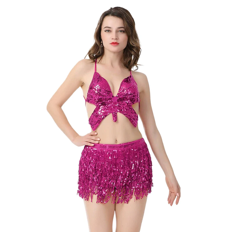 Damen 2-Teiliges Set Cosplay-Kostüm Funkelndes Schmetterlings-Crop-Top Quastenrock Halloween-Party Karneval Aufführung Tanz-Outfit – Detail 8