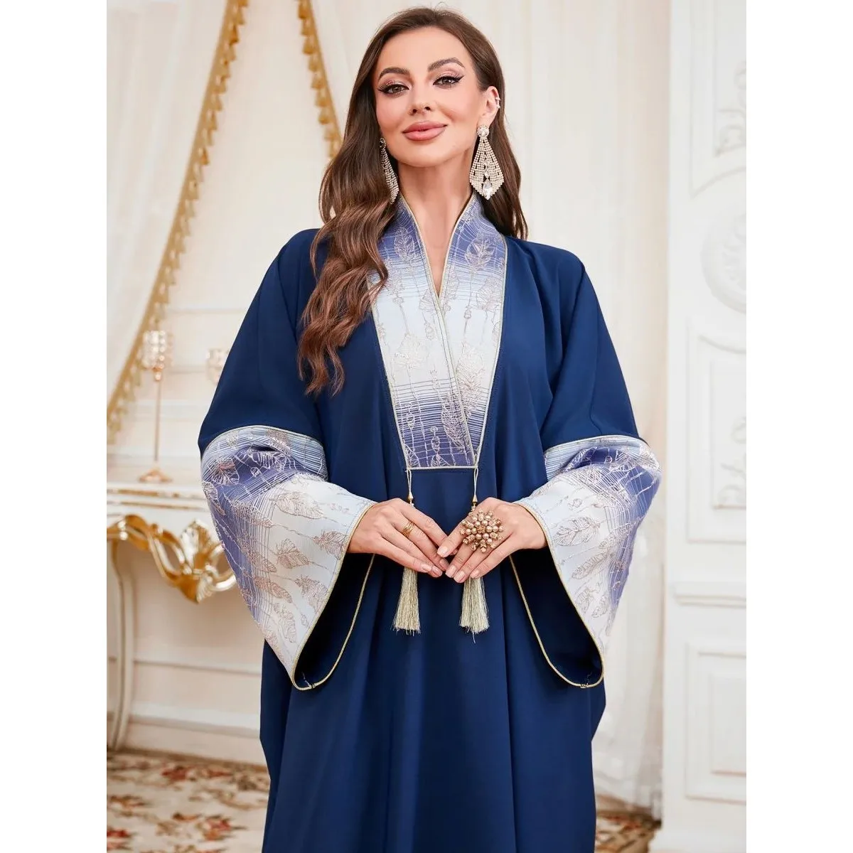 

Women's Dubai Sle Bow Sve Kimono Cardigan Patchwork Ethnic Long A-Line Dr Soft Fabric Mid-Waist Long Sve Winter Wear
