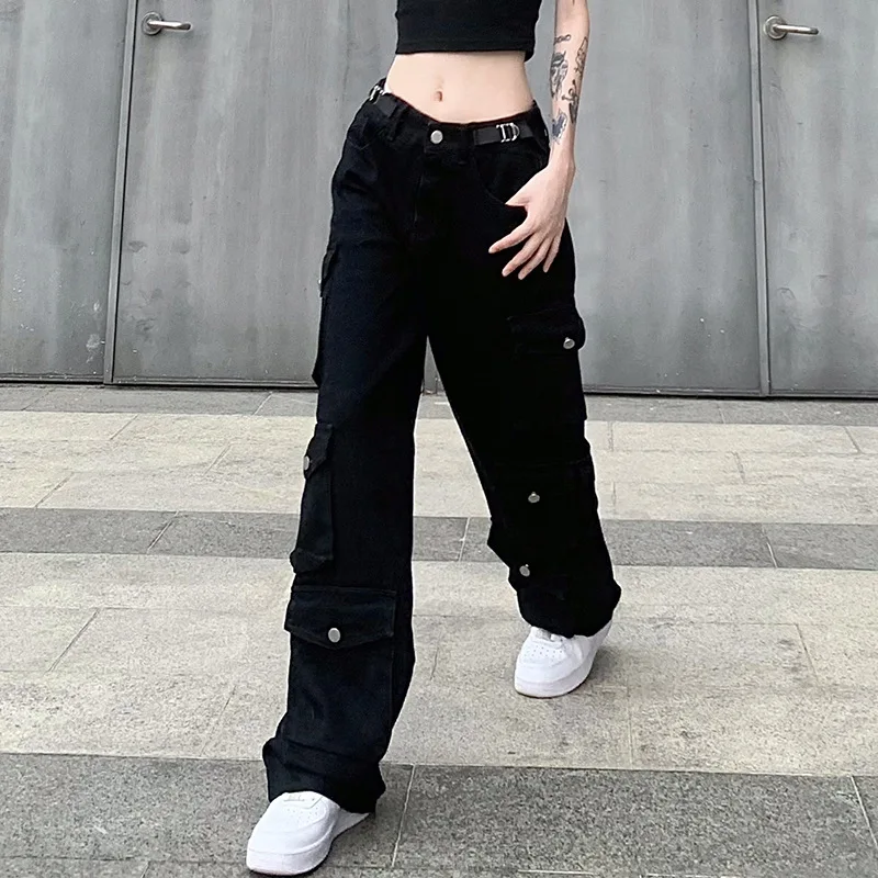 Women Casual Wide Leg Cargo Pants Packets Metal Buckle Low Waist Black Color Trousers Hot Girl Straight Barrel Slim Sweatpants