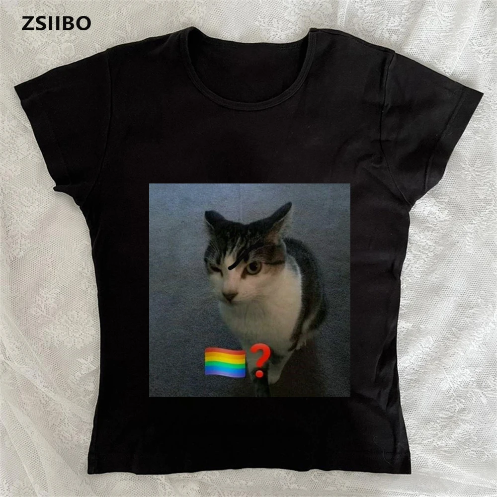 

Y2k realistic style question mark cat multi expression design casual summer round neck multi style street wear t-shirt