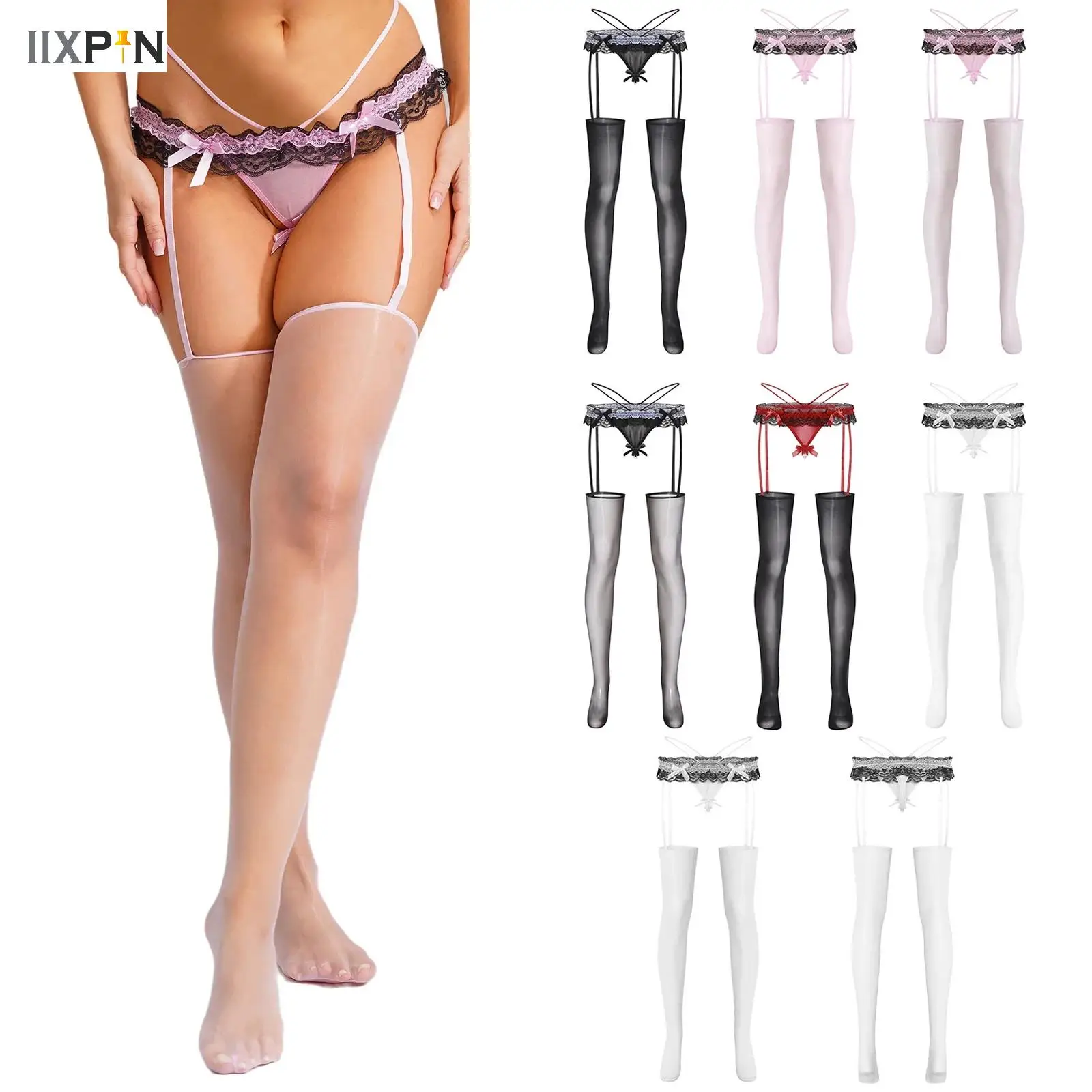 

Ruffled Lace Glossy Garter Belt Stocking Suspender Pantyhose Tights Low Waist Thong Garter Thigh High Stockings Summer Sexy Hot