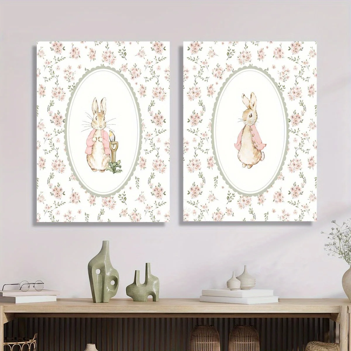 Conjunto de 2 Peças: Arte em Tela Retrô de Coelho da Páscoa, Arte de Parede para Quarto de Meninas com Flores (Sem Moldura), Impressão Vintage de Coel
