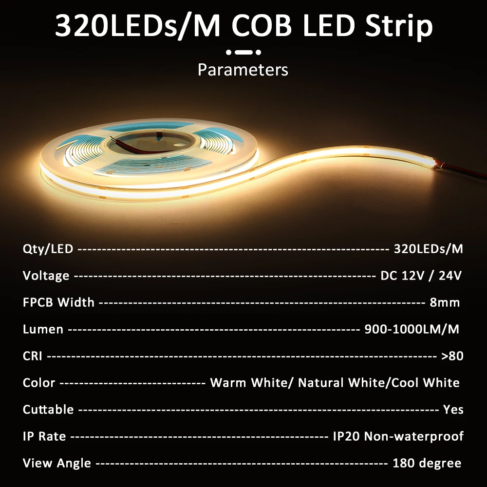 Dimmable LED Strip Lights para decoração do quarto, fita de barra, fita, linear, flexível, COB, FCOB, DC 12V, 24V, 320 diodos, 5m, 10m