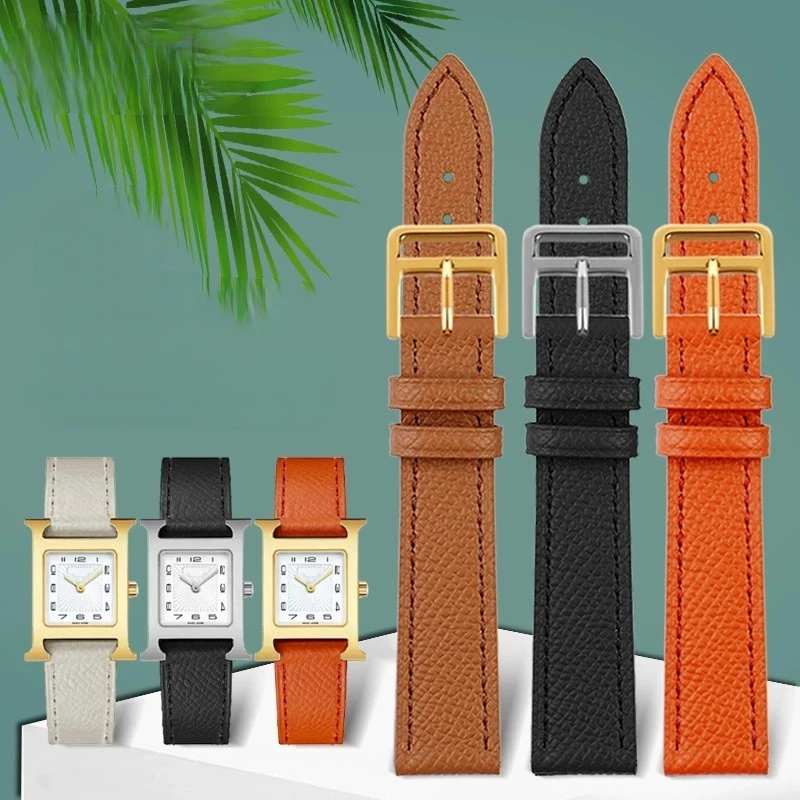 For Hermes H Genuine Leather Watchband HOUR Series Square Dial Thin Orange Comfortable Soft Cowhide Watch strap 14mm 16mm 18mm