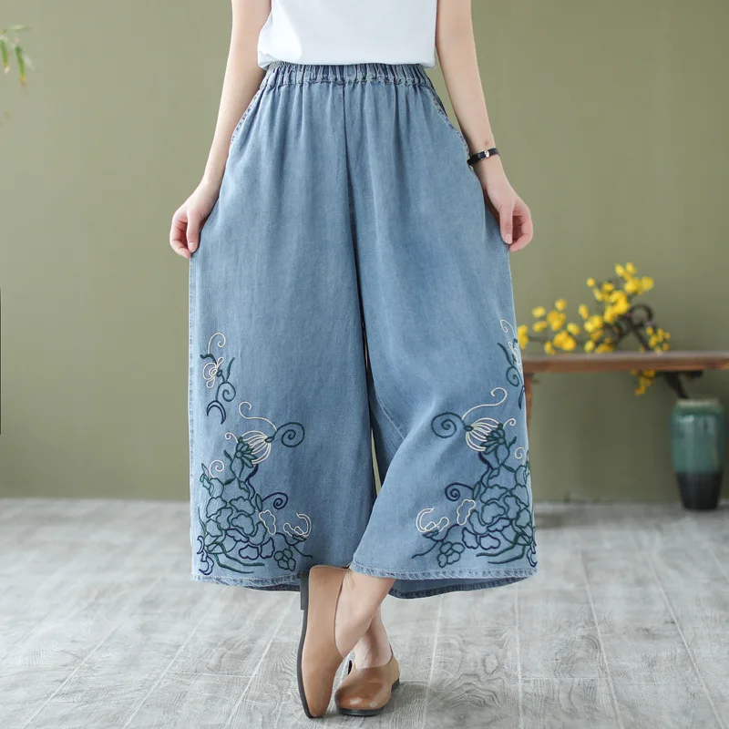 Neue 2025, Sommer-Baumwoll-Denim-Hose, Damen-Jeans mit elastischer Taille, Stickerei, Mori Girl Retro Pendeln, lässige Jeans mit weitem Bein, B56689CC
