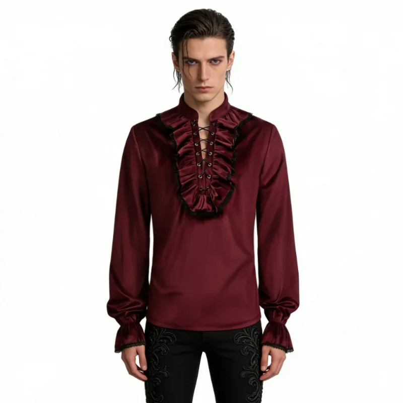 Men Gothic Victorian Ruffled Lace Up Shirt Long Sleeve Stand Collar Jabot Puff Sleeve Vampire Pirate Halloween Cosplay Costume