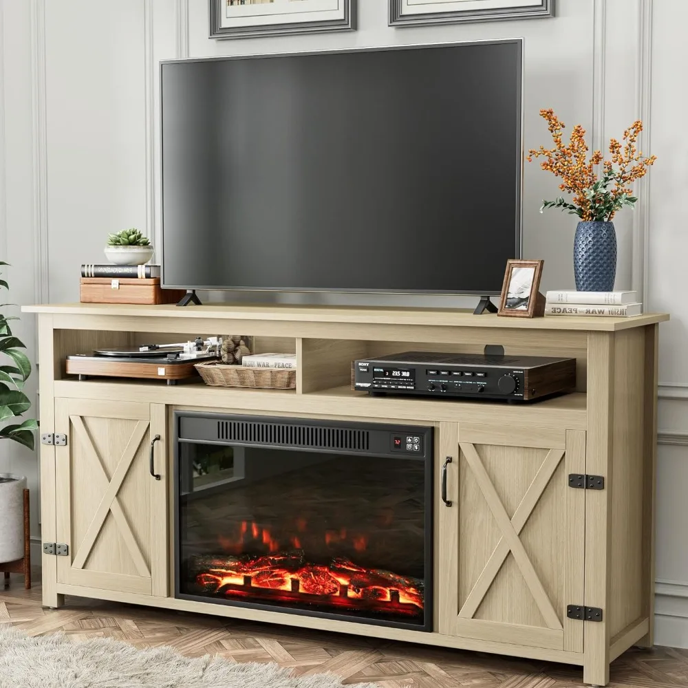 

Fireplace TV Stand for Television up to 65+ Inch with Storage and Farmhouse Barn Doors, Entertainment Center with Cabinet