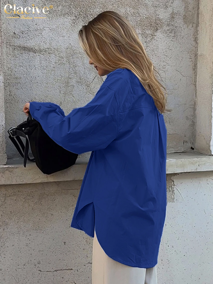 Clacive Fashion Loose Blue Cotton Women's Shirt 2025 Casual Lapel Long Sleeve Blouse Elegant Chic Solid Tops Female Clothing