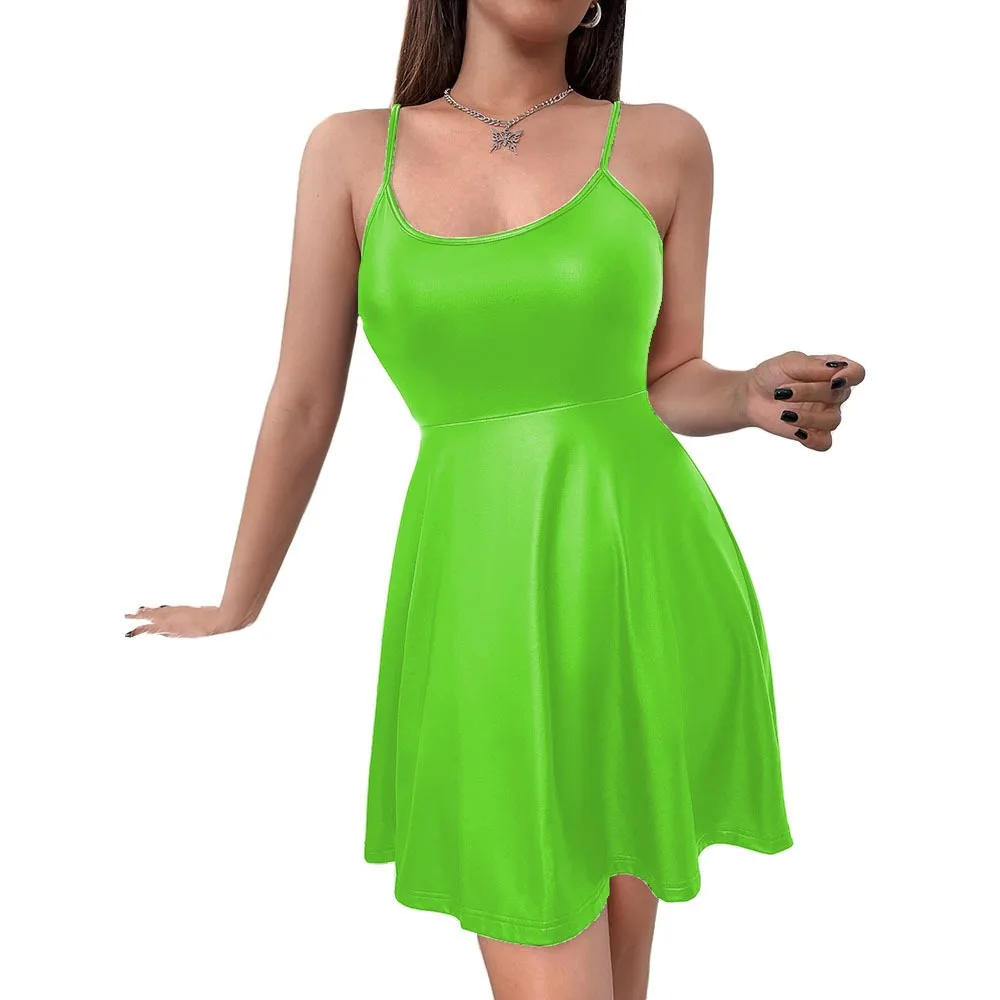 Vestido de tirantes finos de cuero PU mate para mujer, camisola Sexy sin mangas, vestido plisado de corte en A, traje de baile Rave para Festival, ropa para discoteca