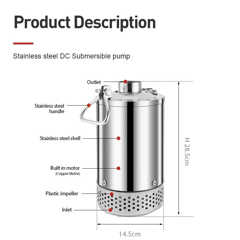 2 Inch High Flow Stainless Steel DC Submersible Pump, High Head Solar Water Pump 12V 24V 48V 60V 72V Battery Powered Water Pump