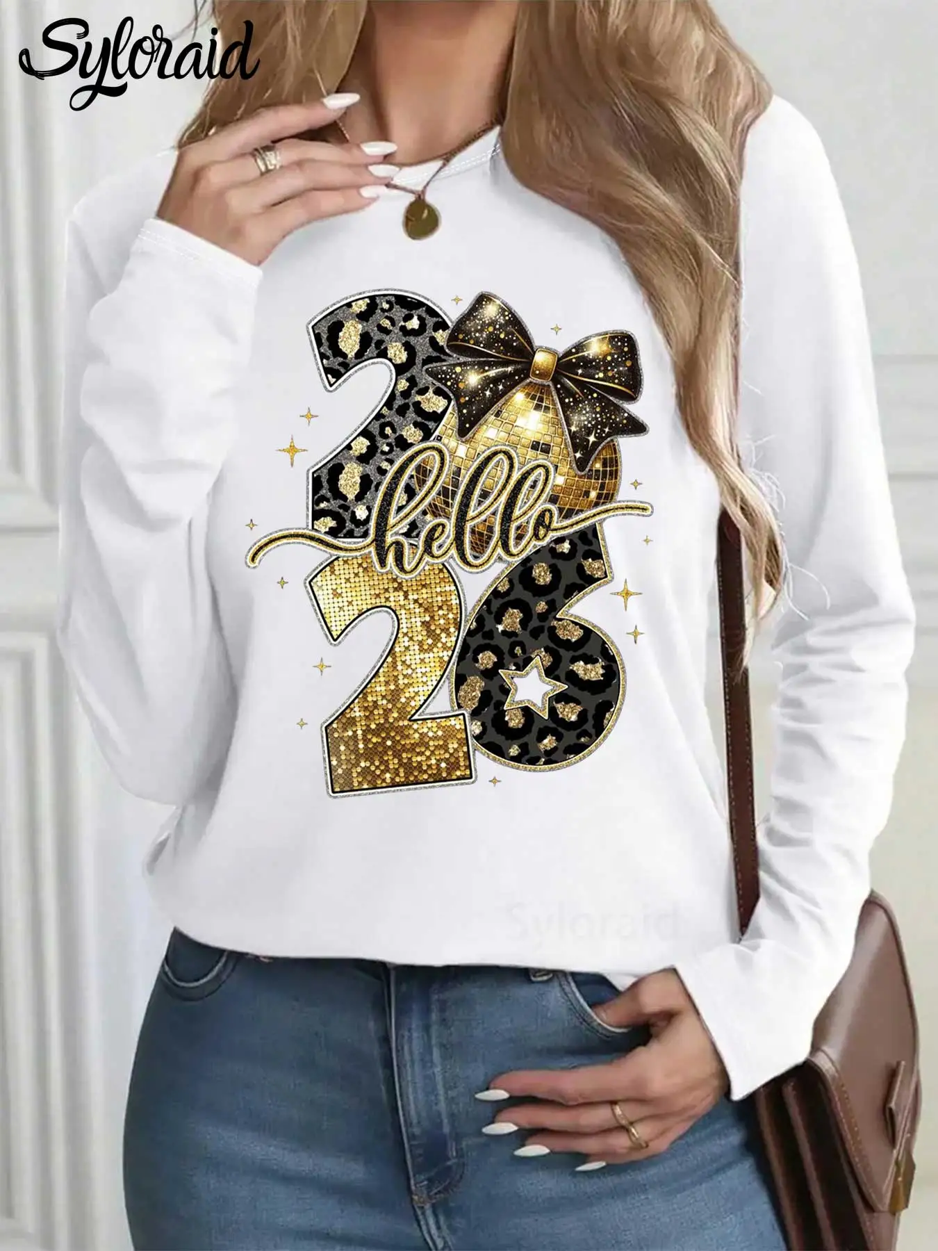 

Women's Long Sleeve T Shirt Hello 2026 New Year Disco Ball Bow Print T Shirt Fashion Round Neck Casual Top