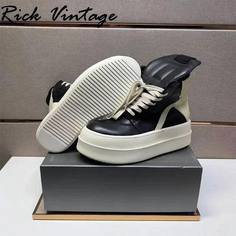 Rick Vintage Men Women High Top Platform Boots Leather Lace Up Casual Sneakers Thick Sole 7cm Black Luxury Rick Designer Shoes