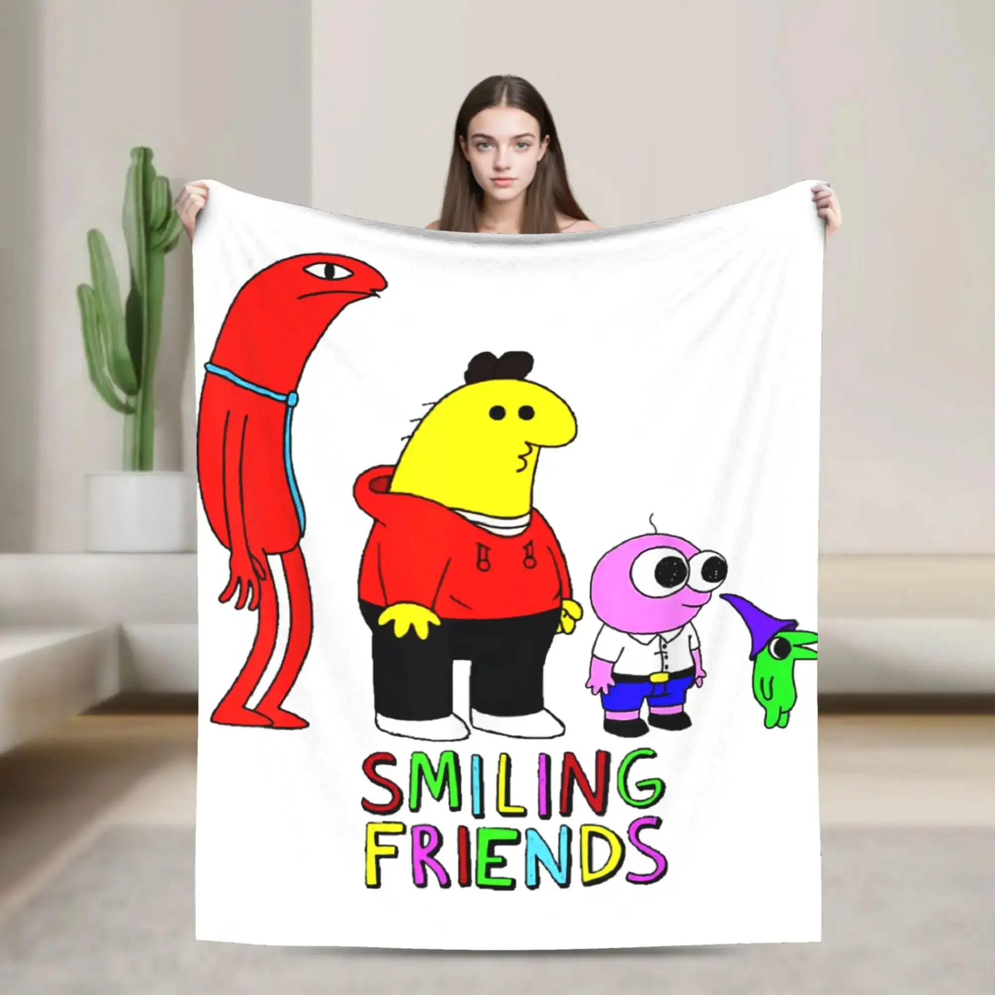 

Мягкое плюшевое одеяло с принтом Smiling Friends для детей, фланелевый плед для кровати, дивана, кресла, милый мультяшный дизайн