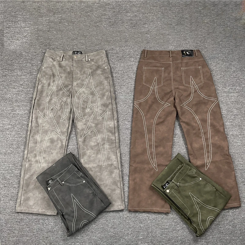 

America Trend THUG CLUB Pu Leather Pants High Street Embroidery Logo Straight-leg Trousers Hip Hop Loose Thug Club Casual Pants