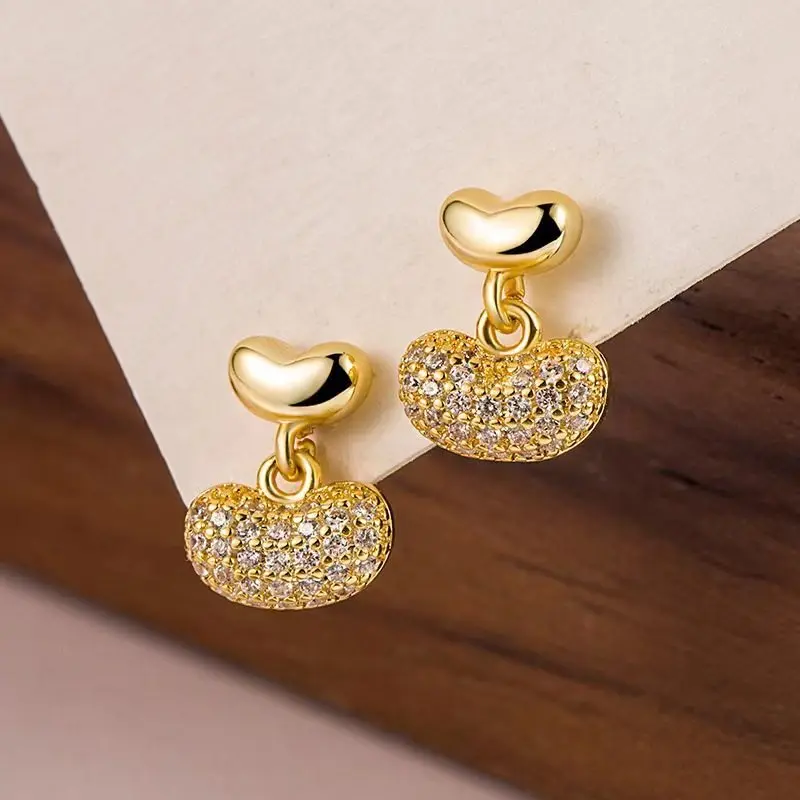 Exquisite Small Gold Ingot Earrings for Women, Niche Sweet Heart Earrings Luxury High-end Feeling, Zircon Pea Earrings for Women
