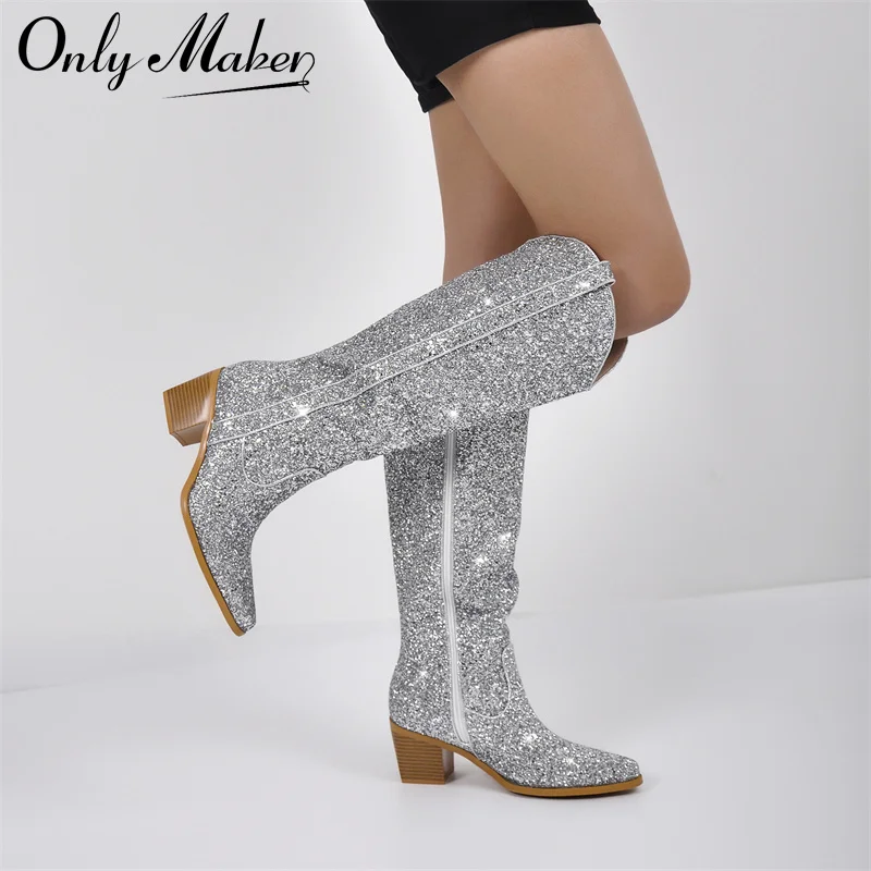 Onlymaker kobieta szpiczasty nosek srebrny brokat buty do kolan zachodnie kowbojskie buty Bling błyszczący blokowy obcas ręcznie robione buty damskie