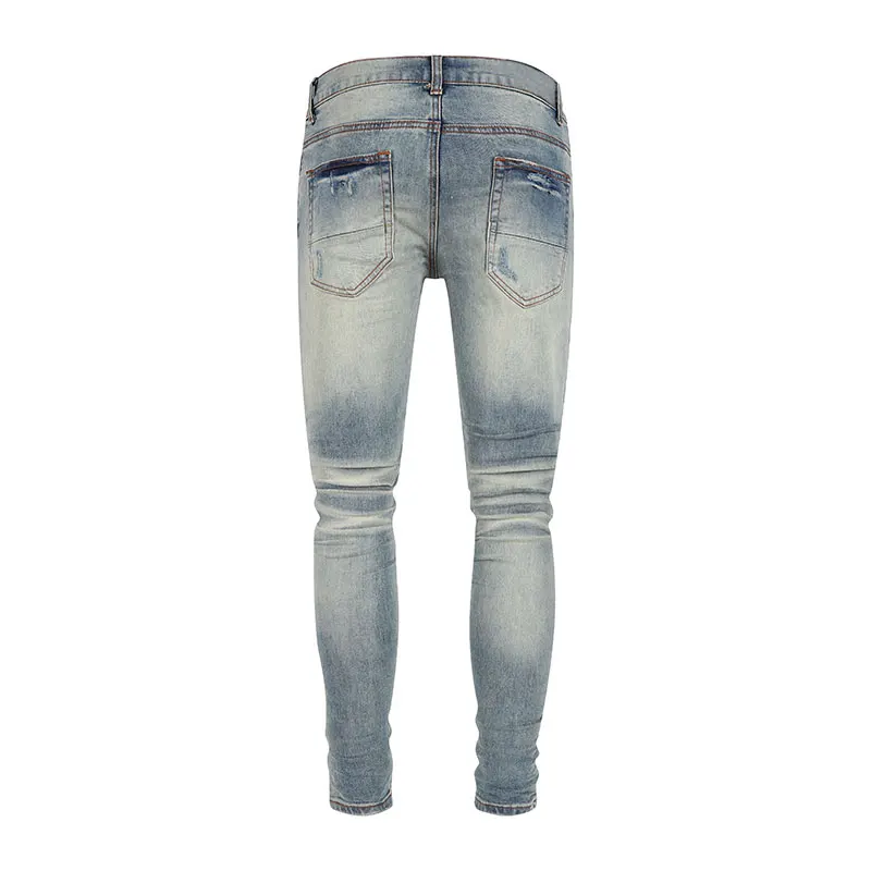Y2K high-quality new denim jeans nostalgic washed elastic band slim fit perforated patch light blue jeans hip-hop brand pants ho - Image 2
