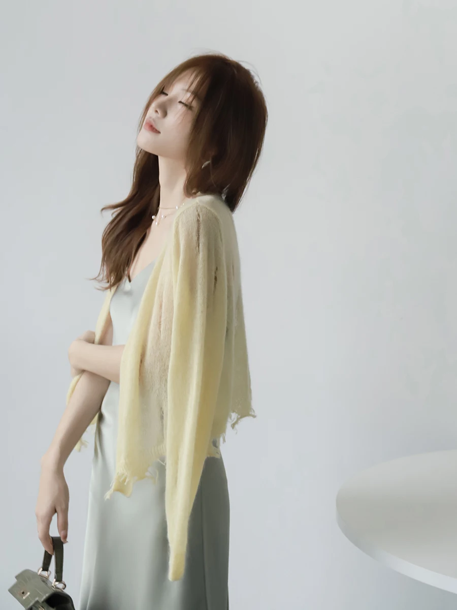 

Mzomxo Baby Camere Hollow out Hole Cardigan Pure Color Ultra Thin Spring ort Knitted Women's Top Long Sve Loose Fit