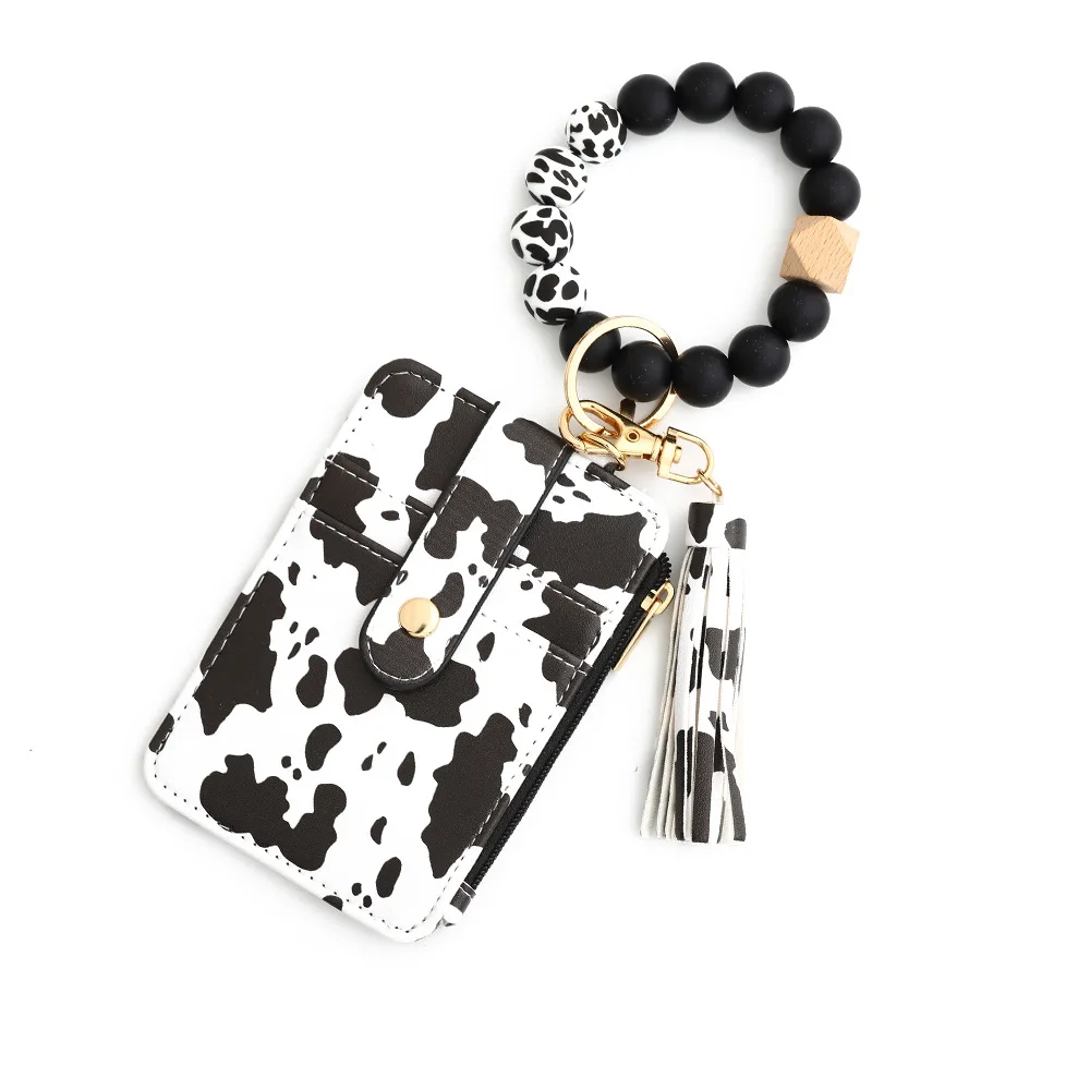 

Fashion Key Rings Cow Print Card Holder Wallets Leather Tassel Keychains for Women Wood Silicone Beaded Bangle Bracelets