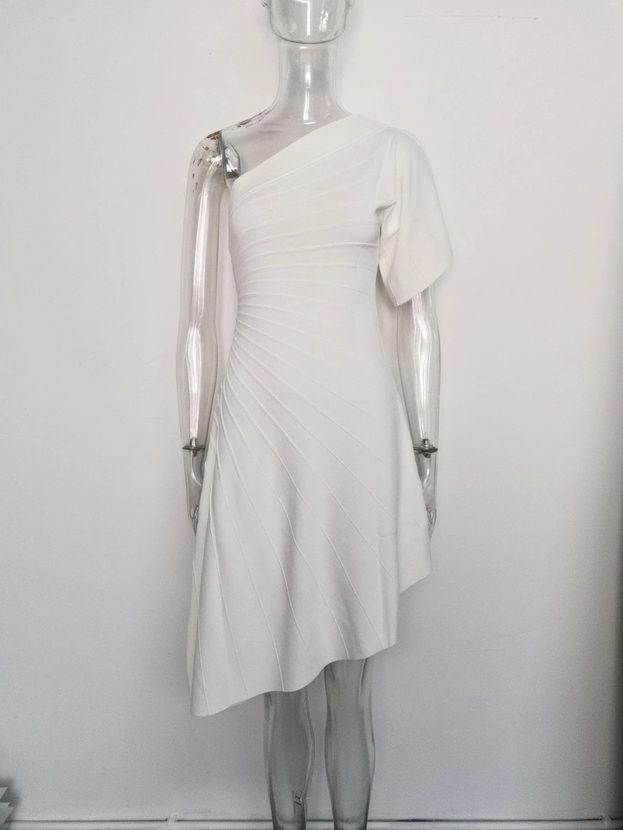 VGH Slimming Irregular Pleated Dress for Women Diagonal Collar Off One Shoulder Flare Sleeve High Waist Elegant Dresses Female