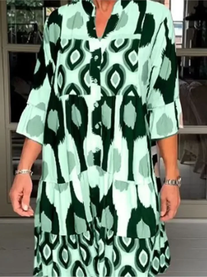 Abito con stampa di moda Lady Casual scollo a V Abiti larghi con bottoni a tre quarti per le donne Boho Vintage Holiday Abbigliamento da donna estivo