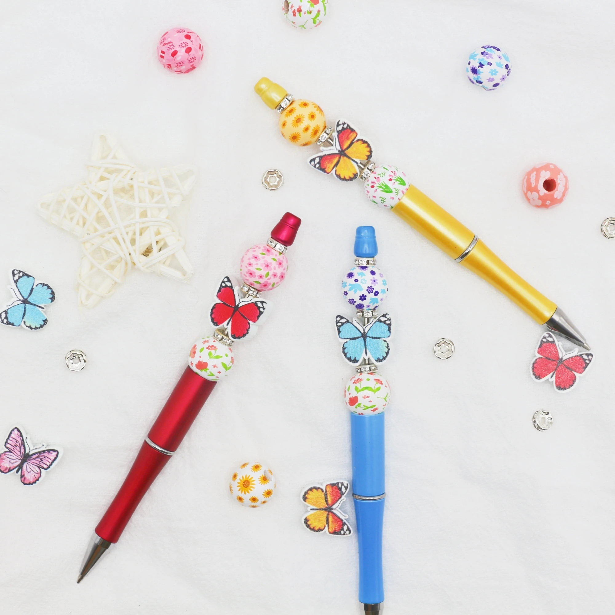 9 قطع من الحبر الأسود على شكل فراشة ملونة للربيع والصيف يمكنك صنعها بنفسك قلم حبر جاف ومجموعة خرز خشبية، لوازم مكتبية ومدرسية #4