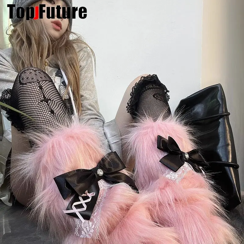 Women bows Harajuku Punk gothic Lolita Y2K Girl streetwear Leg Warmer Winter Warmer furry Leg warmers Gothic Fishnet Stockings