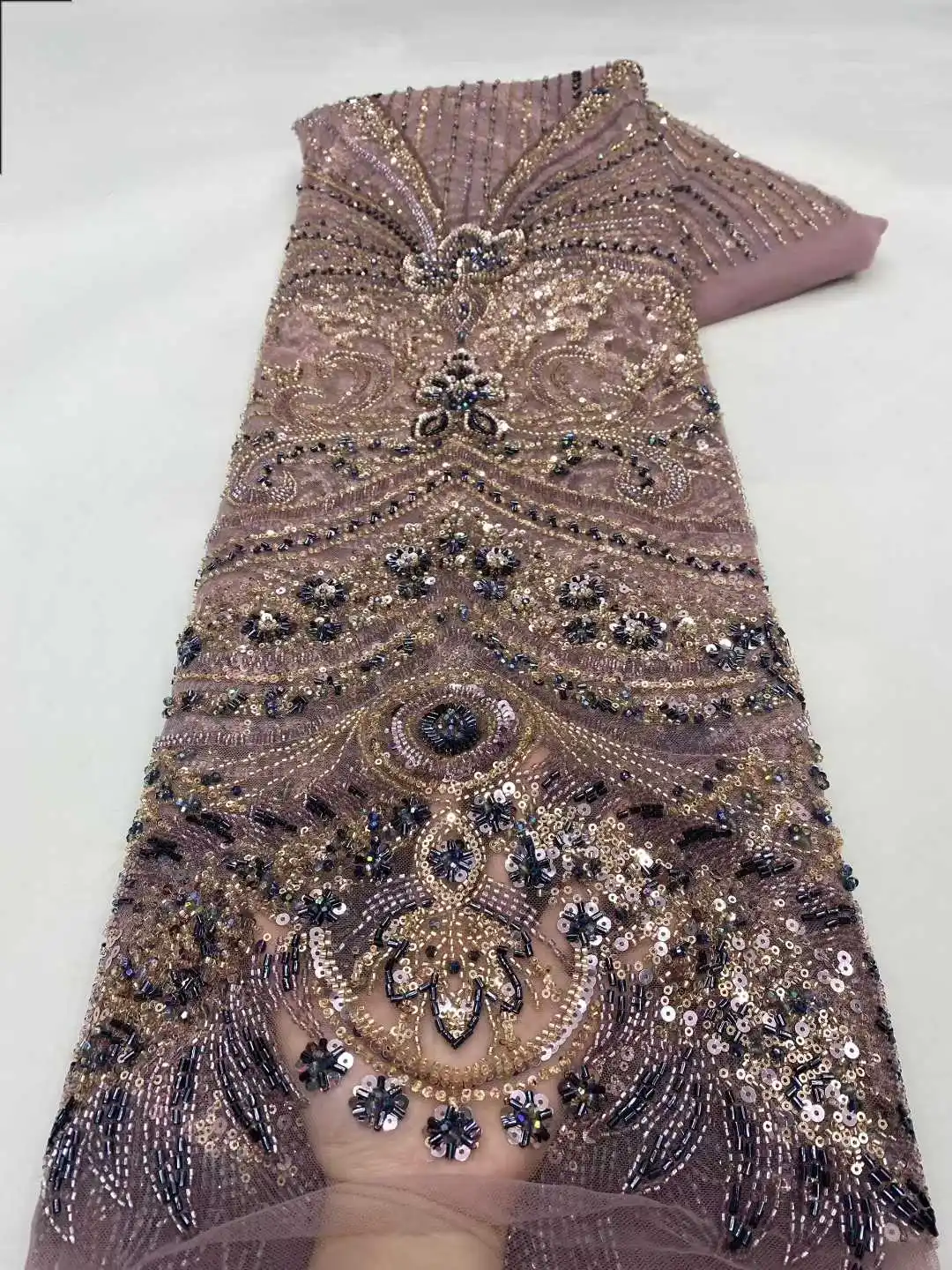 

African Handmade Heavy Sequins Tulle Lace Fabric 2025 High Quality French Luxury Beaded Lace Fabric For Bridal Wedding Dress