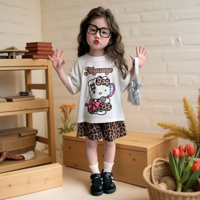 Hello Kitty Anime Kawaii Sanrio Ins Fashion Cotton Short-sleeved Shirt 2025 Summer New Cute Children Fashionable Top Clothes Toy
