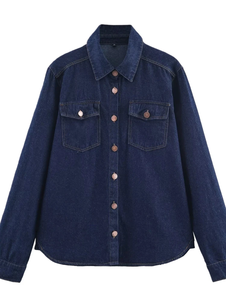 

Spring 2026 Women's Classic Long Sve Collared Denim irt Single Button Patch Decorated Loose Fit Casual Top for Ladies