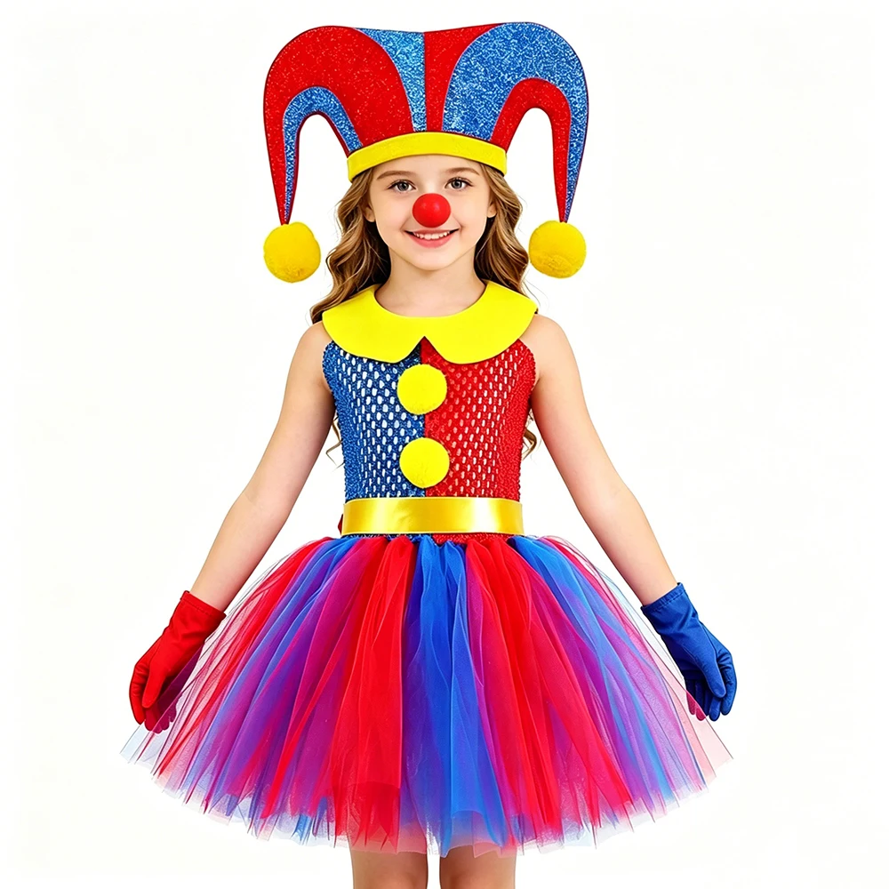 

Pomni Clown Costume for Girls Amazing Digital Circus Tutu Dress Kids Funny Joker Halloween Outfit Disguise Clothes with Red Nose