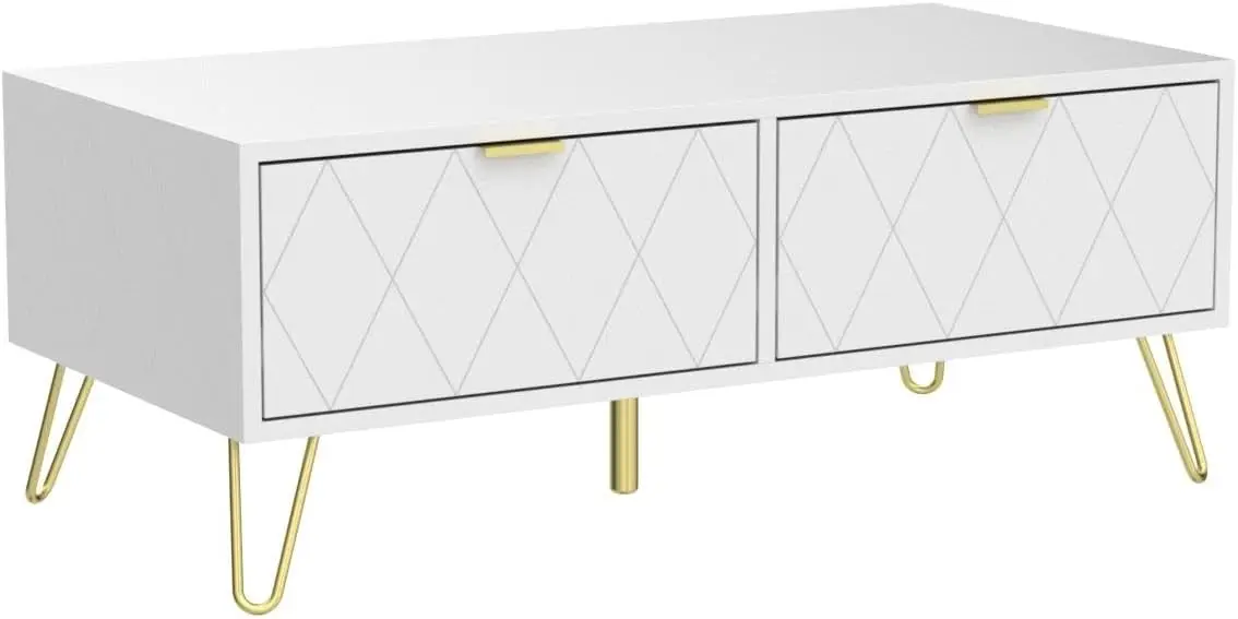 39.4'' Coffee Table with Large Drawers & 2 Open Storage Shelves, White Modern Coffee Tables with Gold Metal Handles