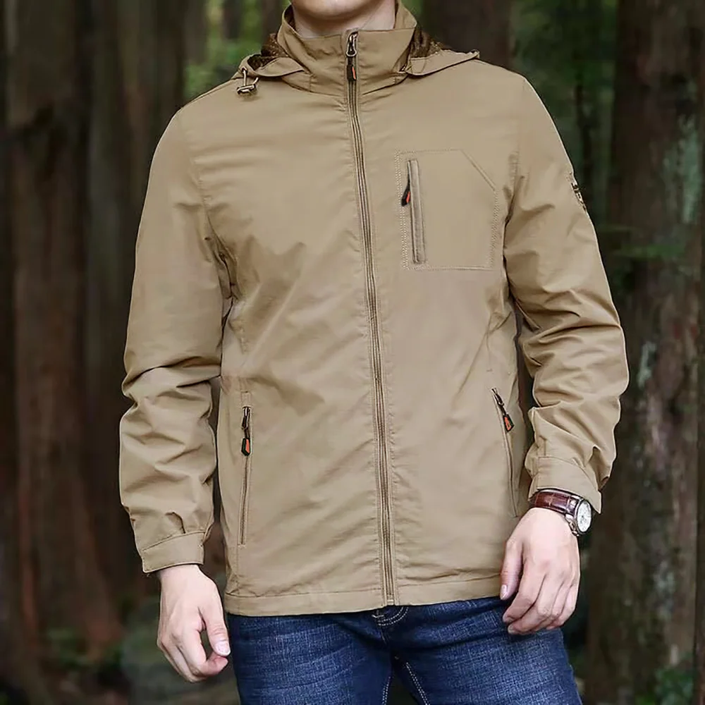 Herren-Outdoor-Jacke, winddicht, wasserdicht, mit Kapuze, Camping, Klettern, Oberbekleidung, einfarbig, Reißverschluss, stilvolle Wanderjacken
