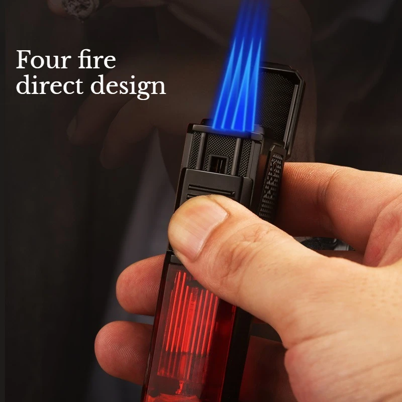 

New Four-fire Straight-through Lighter Visible Gas Chamber Windproof Outdoor Camping Barbecue Igniter Men's Smoking Accessories