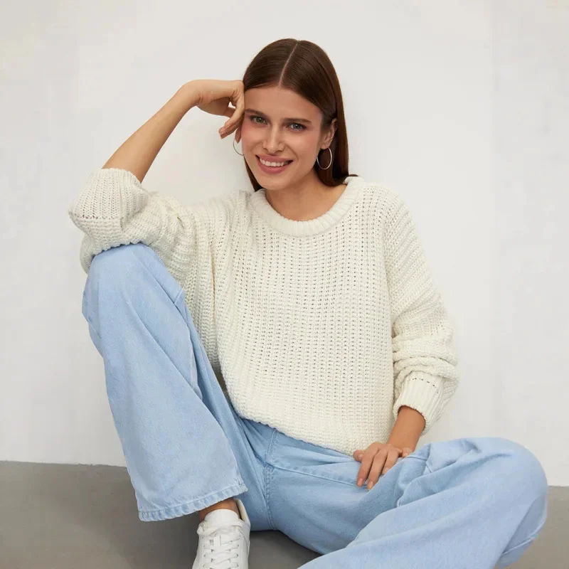 2025 Women Oversized Crew Neck Lantern Sleeve Waffle Knit Pullover Casual Loose Sweater Autumn Winter Fashion New Long Sleeve