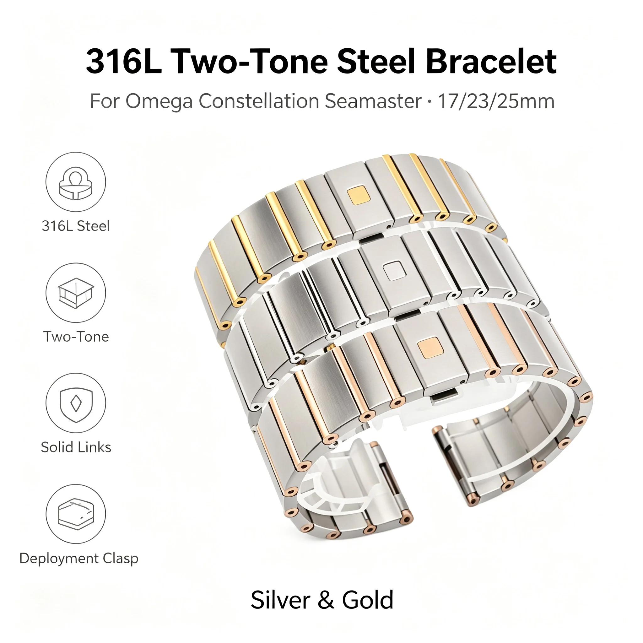 17mm 23mm 25mm 316L Stainless Steel Bracelet for Omega Constellation Seamaster Two-Tone Solid Replacement Watch Band with Clasp