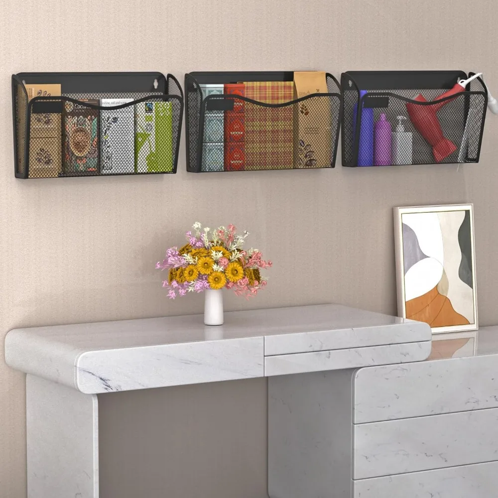 Mesh Wall File Organizer with 6 Pockets for Home Office Storage, Easy Install Metal Document Rack