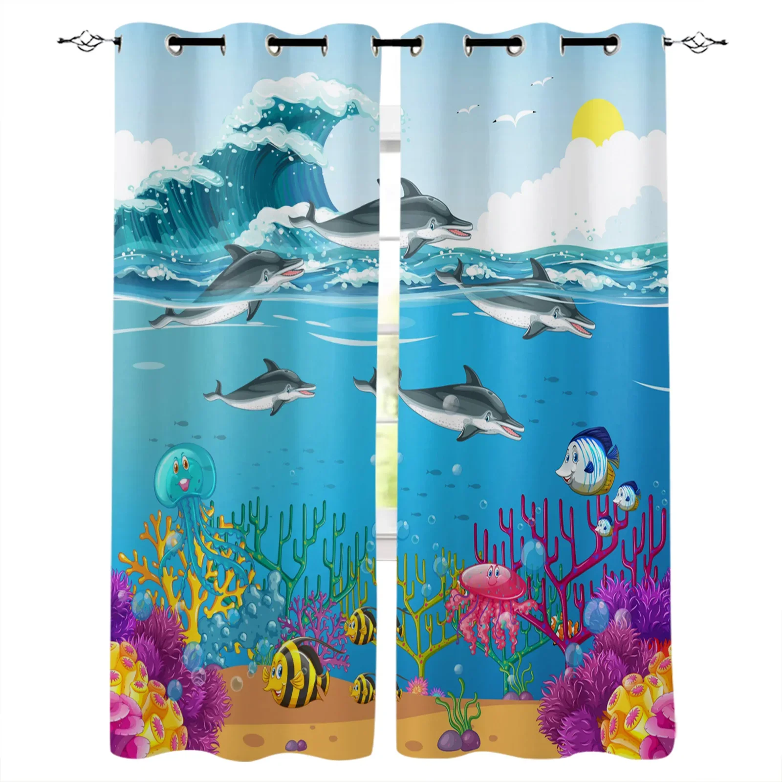 Cartoon Dolphin Fish Waves Curtains For Living Room Modern Window Curtains For Bedroom Curtains Drapes Blinds