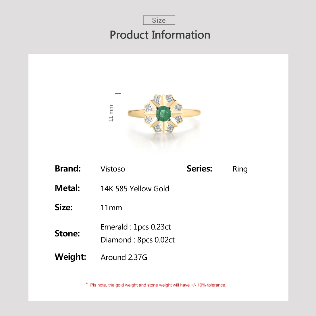 VISTOSO Authentic 14K 585 Yellow Gold Ring For Women Sparkling Emerald Diamond Daily Wearing Fancy Party Gifts Fine Jewelry